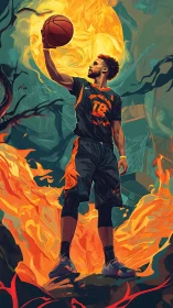 Basketball hero standing tall in glowing firelit energy.