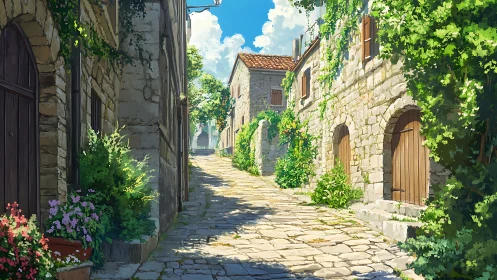 Sunlit stone alley extends between ivy-covered buildings