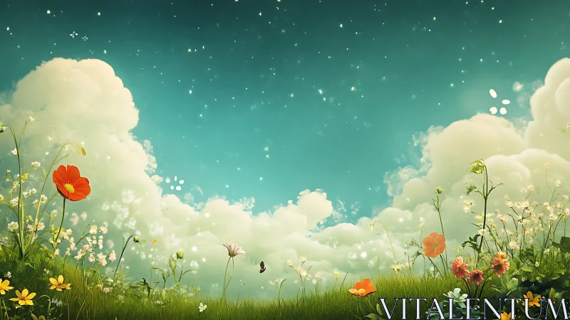 Dreamlike wildflower meadow under glowing teal sky.