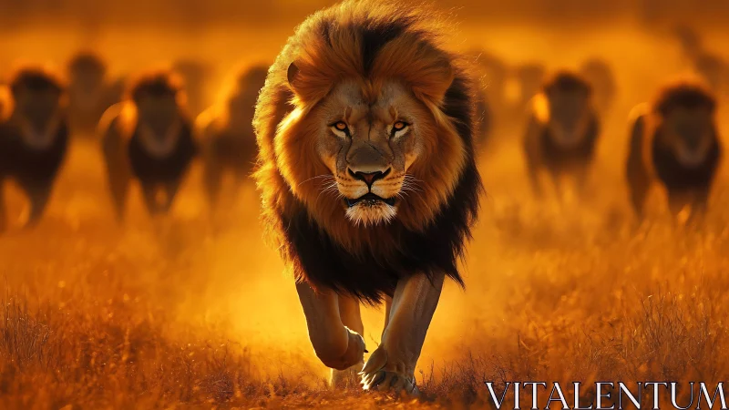 Radiant lion leader emerging through blazing savanna haze.