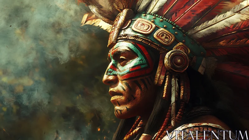 Warrior profile with ornate feathered headdress in smoke.
