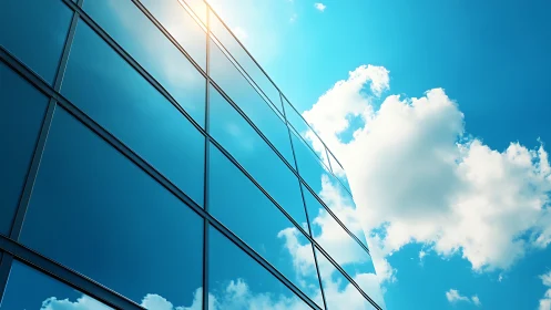 Glass facade mirrors bright blue sky and drifting clouds