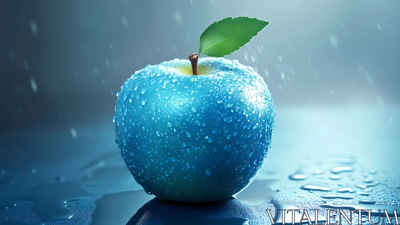 Blue apple with water droplets under cool studio light.