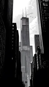 Monochrome high rise skyline with central spired tower.