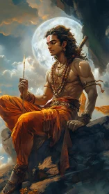 Warrior sage seated under luminous full moon on cliff.