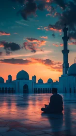 Sunset courtyard silhouette against illuminated mosque domes.