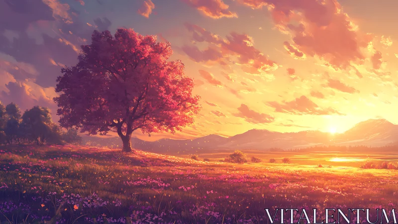 Golden sunset meadow with a softly glowing blossom tree.