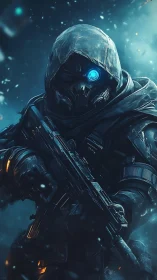 Cybernetic assassin advances through a stormlit frozen battlefield