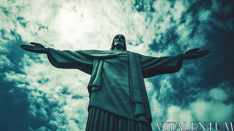 Statue of Christ with outstretched arms under cloudy sky