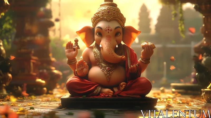 Elephant-headed deity statue in ornate seated pose outdoors.