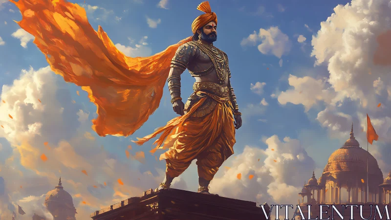 Heroic warrior prince stands tall above golden palace skies