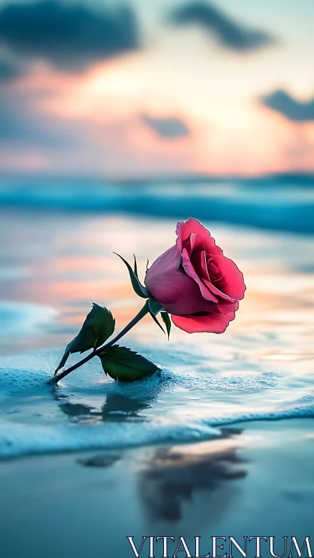 A Crimson Rose Blooms Where Ocean Meets Shore.