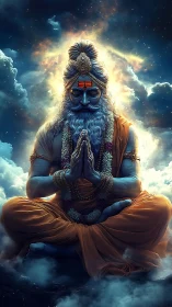 Deity-like sage in levitating meditation amid volumetric clouds