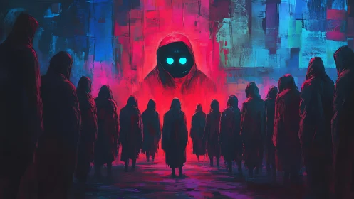 Red hooded figure with glowing eyes amid cloaked crowd.
