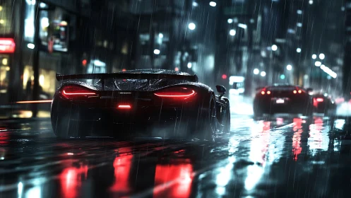Sleek supercar on wet city street at night in heavy rain.