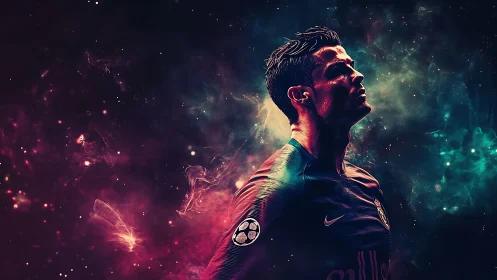 Nebular-lit footballer portrait in high-contrast digital cosmos.