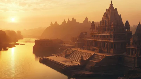 Riverside temple complex in hazy orange sunrise light.