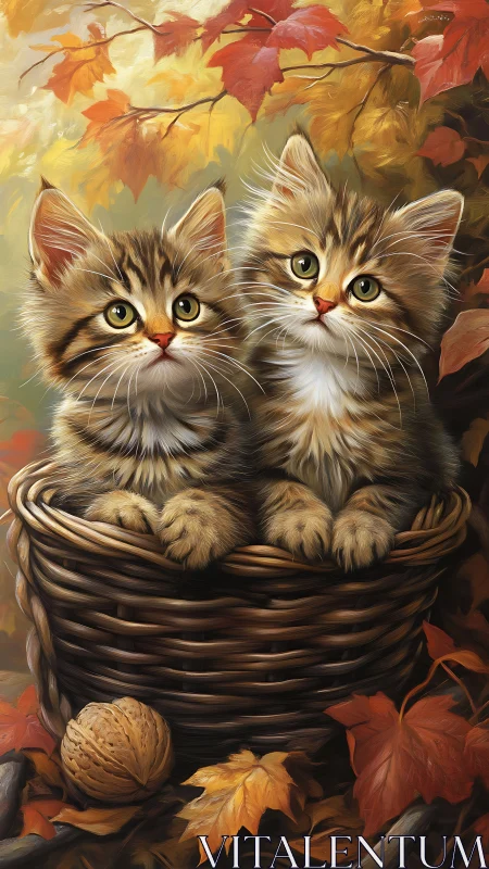 Two Tabby Kittens in Wicker Basket Among Autumn Leaves