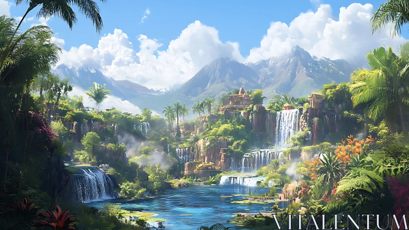 Mystical Tropical Paradise with Cascading Waterfalls and Ancient Ruins