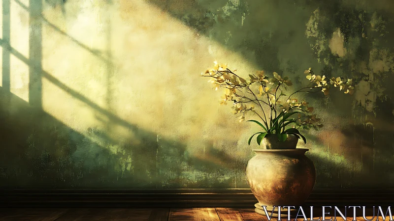 Indirect sunlight grazes textured wall behind ceramic vase with orchids