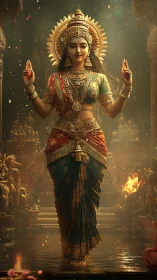 Divine female deity in ornate temple, high-detail digital rendering