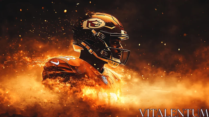 American football portrait merges player with dynamic firestorm