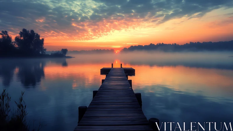 Gentle sunrise over a misty lake and quiet wooden pier.