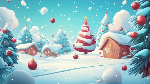 Snowy holiday village with playful ornaments and cozy homes.