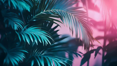 Palm foliage under colored light gradient backdrop.