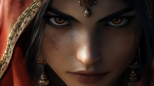 Hyperreal female warrior portrait with ornate headpiece