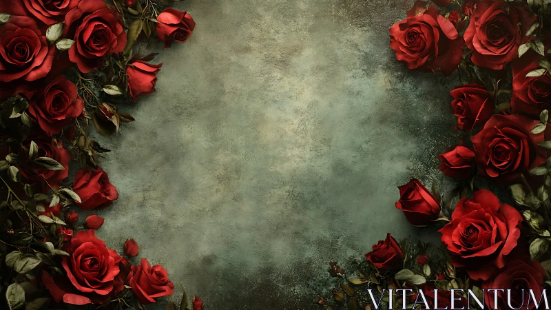 Baroque Floral Composition with Red Roses and Distressed Neutral Ground.