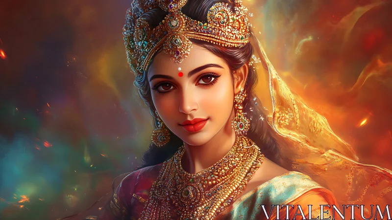 Digital portrait of jeweled Indian queen in glowing bokeh field