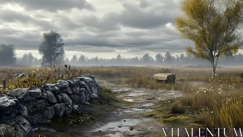Quiet misty field path beside an old stone wall at dawn.