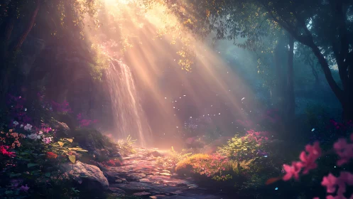 Sunlit fae waterfall glows through a dreamlit forest veil.