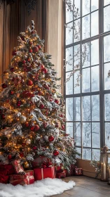 Snow-dusted indoor Christmas tree beside winter window.