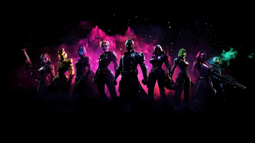 Nine armored sci‑fi characters stand aligned against nebulous light