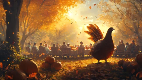 Giant turkey overlooks golden outdoor autumn feast gathering.