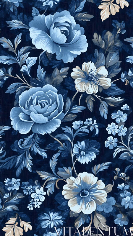 Blue floral damask pattern with layered botanical motifs on navy background.