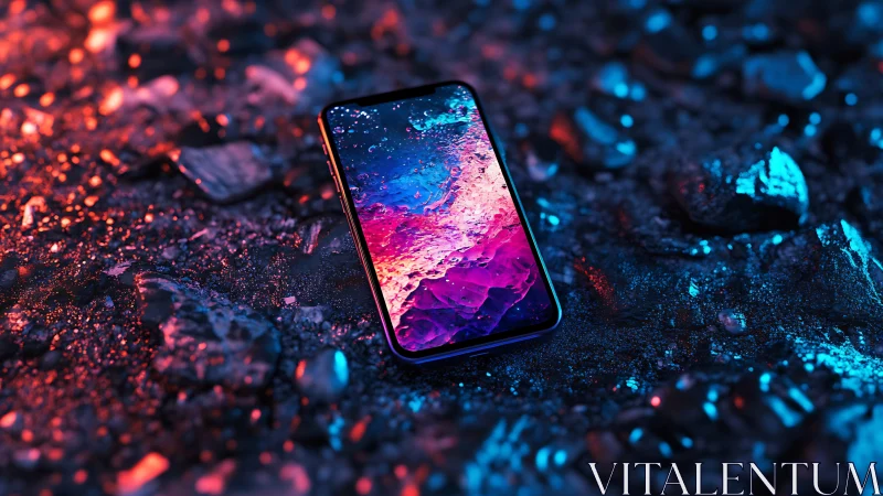 Neon smartphone rests on wet ground in vivid cyber glow