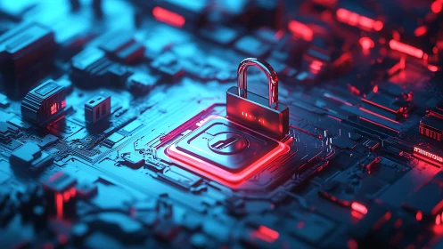 Cybernetic padlock dominates illuminated circuit-board core