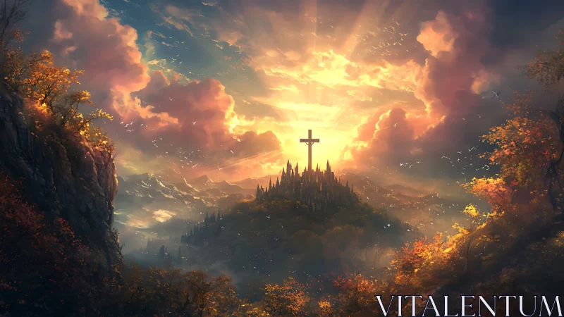 Sunlit hilltop sanctuary beneath radiant autumn skies.