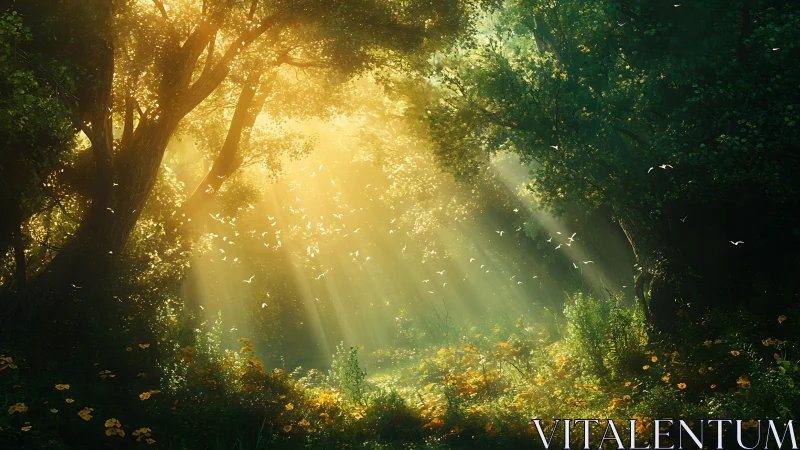 Sunlit forest glade with flowers and drifting birds.