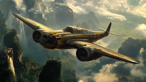 Vintage military aircraft glides above misty jungle peaks.