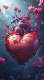 Digital Heart with Blooming Flowers in Ethereal Blue Sky