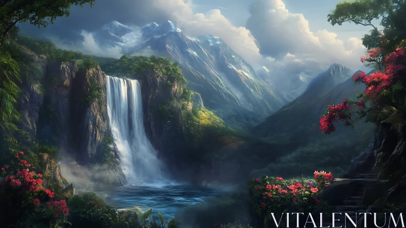 Waterfall descends into misty pool below snowcapped mountains