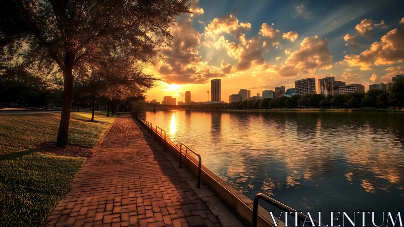 Sunlit riverside promenade with glowing skyline reflections.