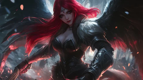 Winged armored figure with red hair in dark forest scene.