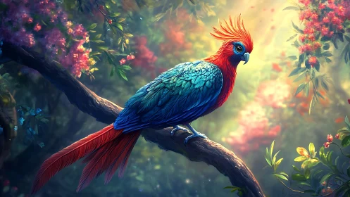 Vibrant Exotic Bird on Branch in Lush Fantasy Forest Art.