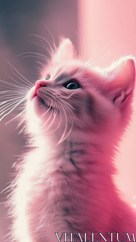 Dreamy Pink Cat Looking Upward in Soft Light.