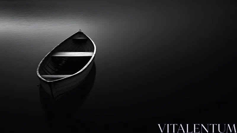 Monochrome wooden rowboat isolated on glassy dark water.
